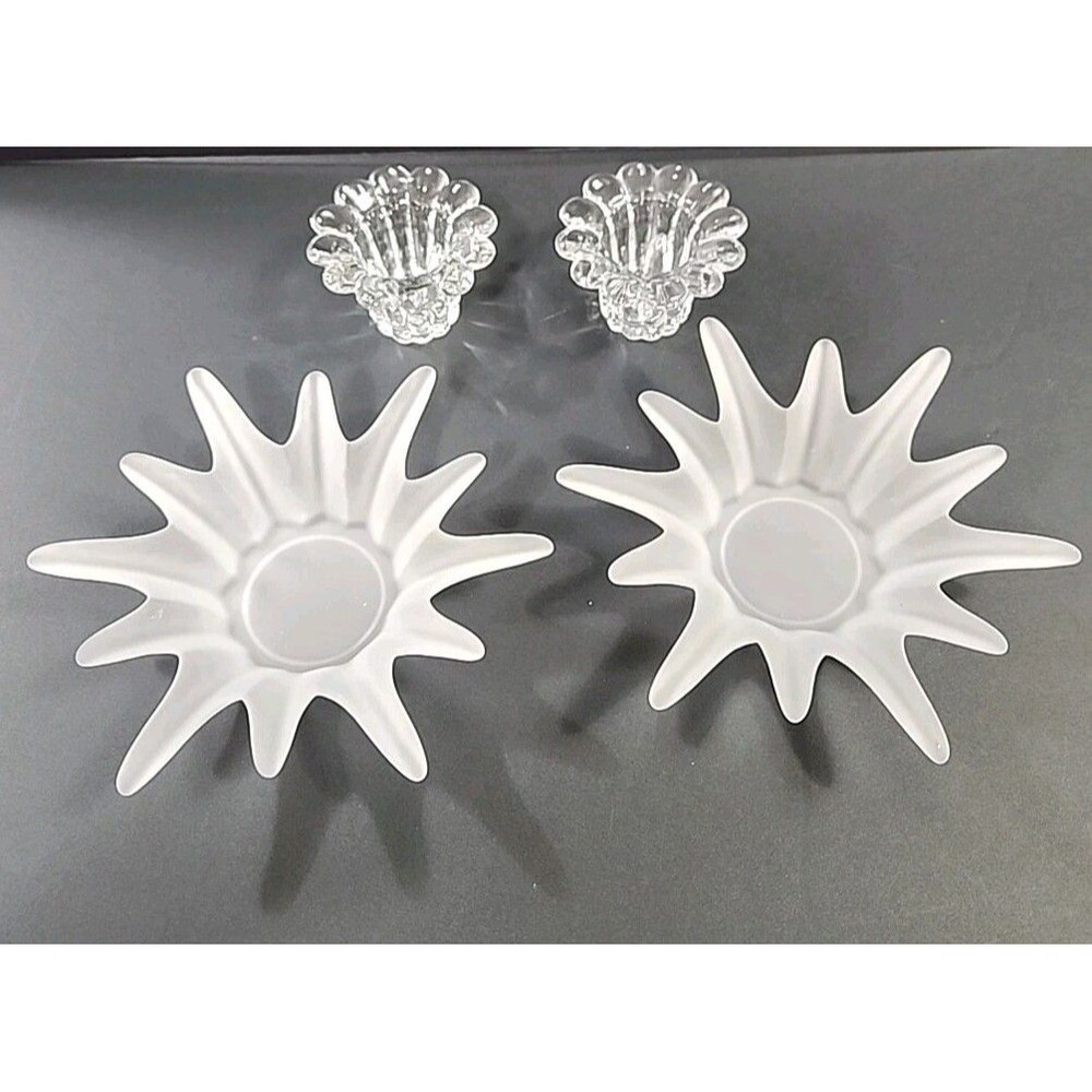 (2) PartyLite Vintage Candle Holder Frosted Glass 7.5 inches + (2) Tapered Glass
